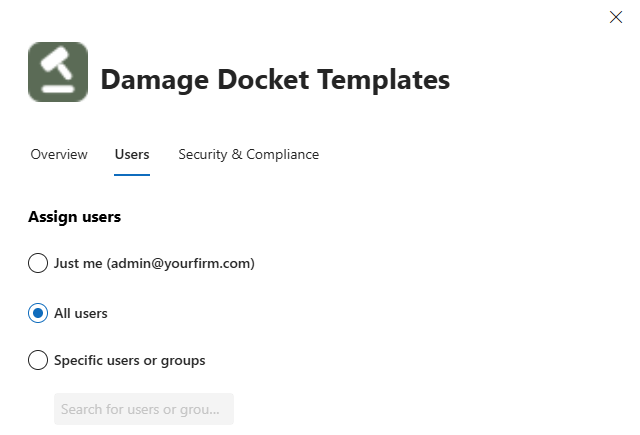 The Assign users step offering Just me, All users, and Specific users or groups