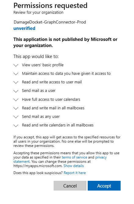 The Microsoft Permissions requested screen listing eight permissions, with the three mail and calendar permissions appearing once for a signed-in user and again for all mailboxes