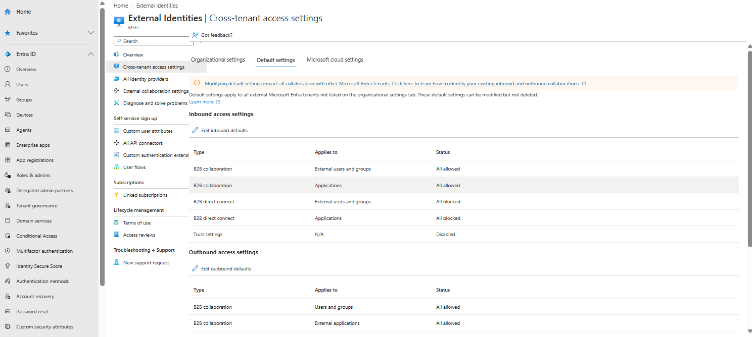 The Cross-tenant access settings blade, Default settings tab, showing the Outbound access settings table with B2B collaboration set to All allowed