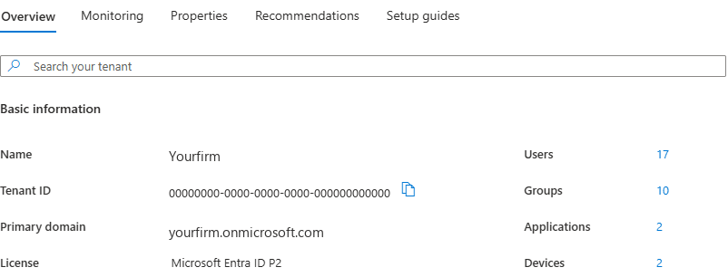 The Entra admin center Overview tab, Basic information section, with the Tenant ID row and its copy button